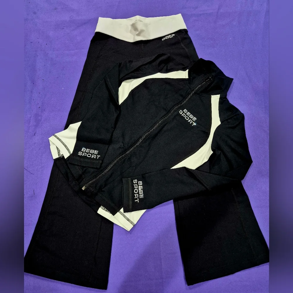 Bebe Sport 2-PC Crystals Logo Black/White Full Zip Jacket & Pants - XS/S. - Picture 1 of 11